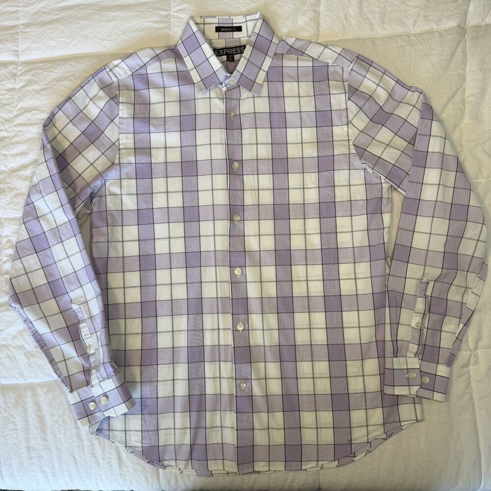 Express Modern Fit Mens M Long Sleeve Button Down Shirt Purple White Checkered